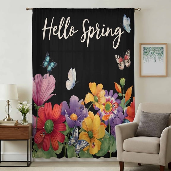 Spring Flowers Sheer Curtains 54 Inches Long for Bedroom, Watercolor Country Colorful Floral Black Light Filtering Privacy Drapes, Breathable Semi Sheer Window Treatment for Bathroom Kitchen