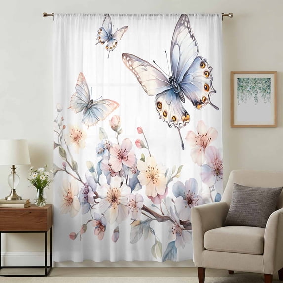 Spring Flowers Sheer Curtains 54 Inches Long, Watercolor Botanical Floral Butterfly Light Filering Curtains, Breathable Simi Curtain Privacy Drapes for Kitchen Bathroom Small Window Treatment