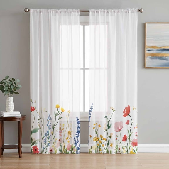 Spring Flowers Sheer Curtains 63 Inch Length 2 Panels Set, Simple Botanical Wildflowers Herbs Voile Window Treatment Rod Pocket Curtains Sheers Drapes for Bedroom/Living Room/Kitchen 52x"63"x2