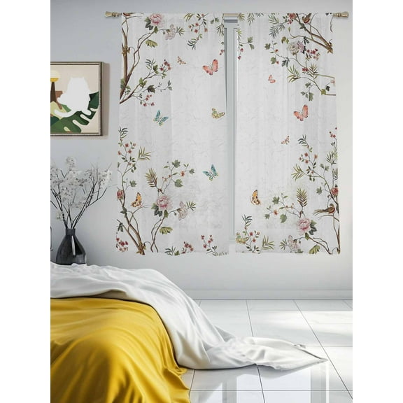 Spring Flowers Sheer Curtains 63 inches Long 2 Panels Set Floral Butterfly Tree Leaves Branch Tiers Sheers Rod Pocket Small Window Short Curtains for Kitchen Cafe, Each 52" W x 63" L