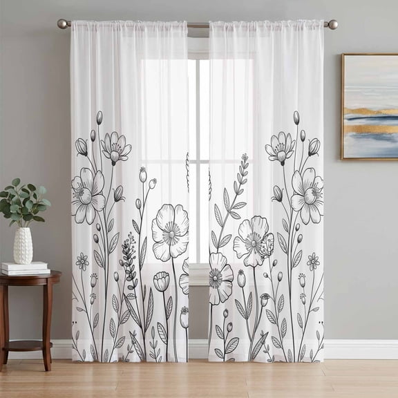Spring Flowers Sheer Curtains 72 Inch Length 2 Panels Set, Modern Simple Botanical Wildflowers Herbs Voile Window Treatment Rod Pocket Curtains Sheers Drapes for Bedroom/Living Room/Kitchen 52"x72"x2