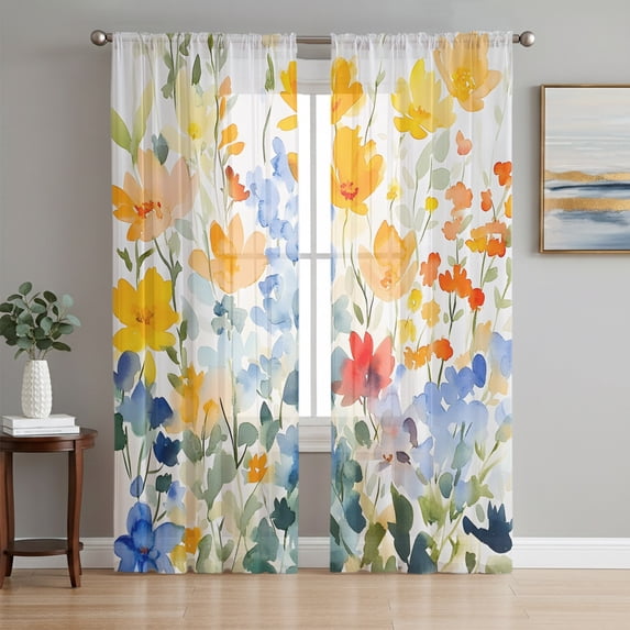 Spring Flowers Sheer Curtains 96 Inch Length 2 Panels Set, Botanical Watercolor Blossom Wildflowers Voile Window Treatment Semi Sheer Long Curtains Drapes for Bedroom/Living Room/Kitchen 52"x96"x2