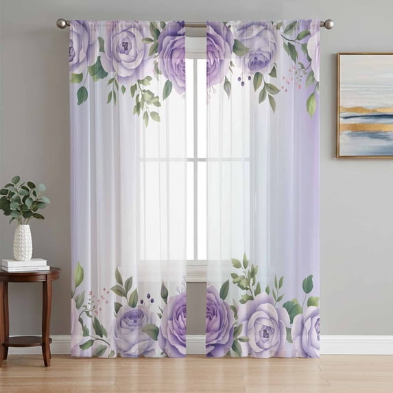 Spring Flowers Sheer Curtains 96 Inch Length 2 Panels Set Window Treatments, Botanical Purple Floral Leaaves Gradient Rod Pocket Semi Curtains for Living Room/Bedroom/Kitchen Décor, 104"W x 96"L