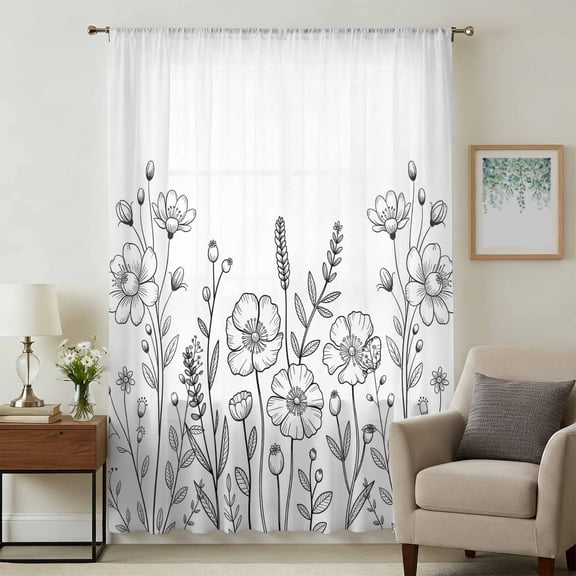Spring Flowers Sheer Curtains 96 Inches Long for Living Room, Modern Simple Botanical Wildflowers Herbs Light Filtering Privacy Drapes, Breathable Semi Sheer Window Treatment for Bedroom Dining Room