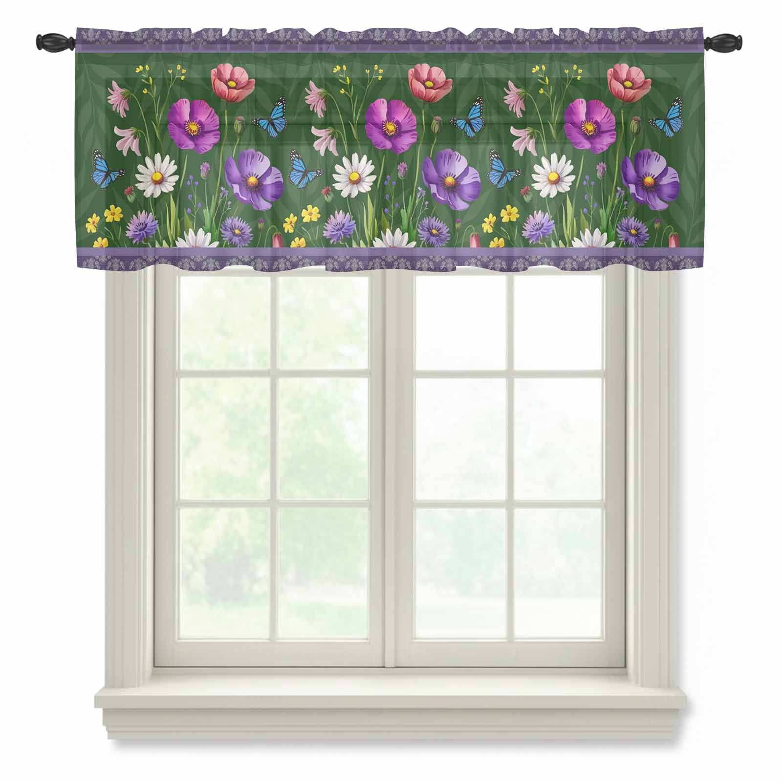 Spring Flowers Sheer Valances for Windows, Daisy Wildflowers Butterfly