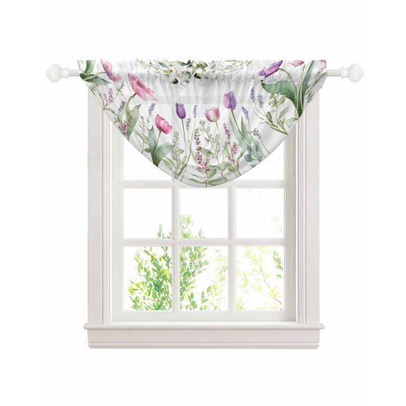 Spring Flowers Sheer Waterfall Valance Curtains for Window, Botanical Tulips Eucalyptus Leaves Rod Pocket Sheer Topper Swag Curtains for Living Room, Kitchen 38.5"W x 47.2"L, 1 Panel