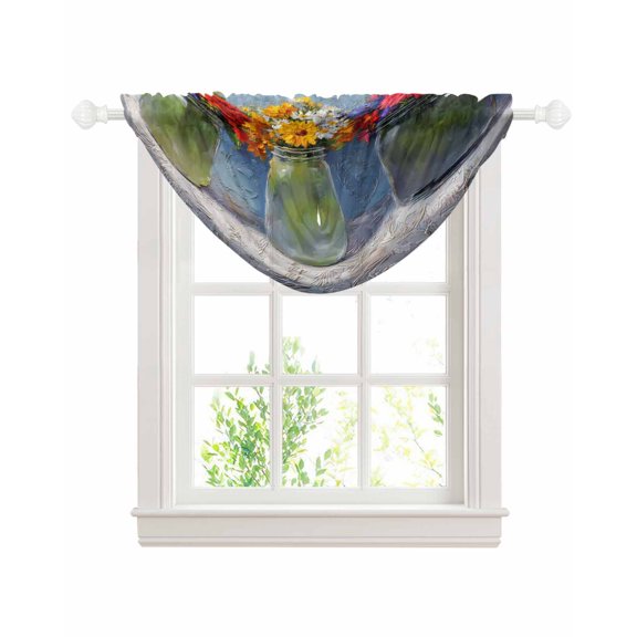Spring Flowers Sheer Waterfall Valance Curtains for Window, Rustic Botanical Vases Floral Oil Painting Rod Pocket Sheer Topper Swag Curtains for Living Room, Kitchen 38.5"W x 47.2"L, 1 Panel