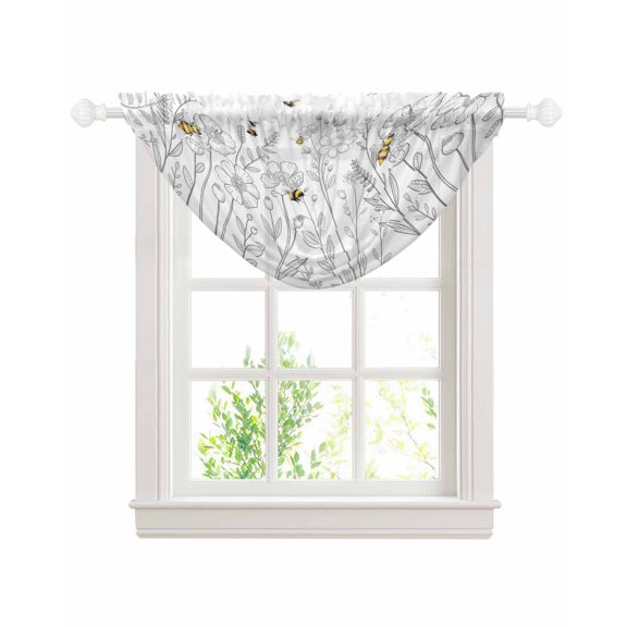 Spring Flowers Sheer Waterfall Valance Curtains for Window, Simple Botanical Floral Herbs Bees Rod Pocket Sheer Topper Swag Curtains for Living Room, Kitchen 38.5"W x 47.2"L, 1 Panel