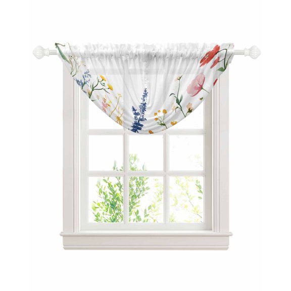 Spring Flowers Sheer Waterfall Valance Curtains for Window, Simple Botanical Wildflowers Herbs Rod Pocket Sheer Topper Swag Curtains for Living Room, Kitchen 38.5"W x 47.2"L, 1 Panel