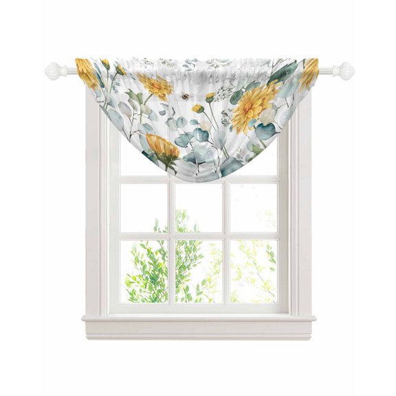 Spring Flowers Sheer Waterfall Valance Curtains for Window, Watercolor Botanical Eucalyptus Leaves Rod Pocket Sheer Topper Swag Curtains for Living Room, Kitchen 38.5"W x 47.2"L, 1 Panel