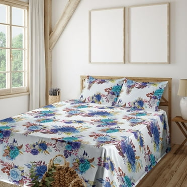 Spring Flowers Sheet Set, Delicate Blooming Floral Feels Illustration with Leaves Ornament Print, Fitted & Flat Sheet with Pillowcase Bedding Accent 4 Pcs Set, King, Ivory Multicolor, by Ambesonne