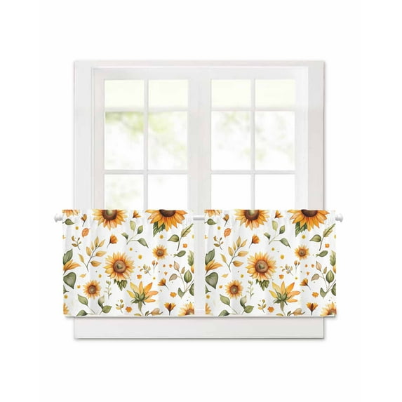 Spring Flowers Short Blackout Curtains 24 Inch Long Watercolor Sunflower Yellow Floral Rod Pocket Kitchen Curtains, 2 Panels Thermal Insulated Room Darkening Drapes for Bedroom, 42"W x 24"L