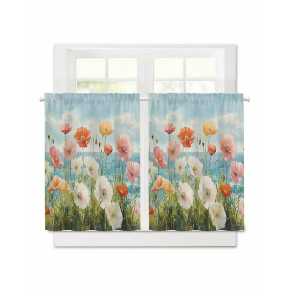 Spring Flowers Short Blackout Curtains 36 Inch Long Pink White Poppy Oil Painting Rod Pocket Kitchen Curtains, 2 Panels Thermal Insulated Room Darkening Drapes for Bedroom, 30"W x 36"L