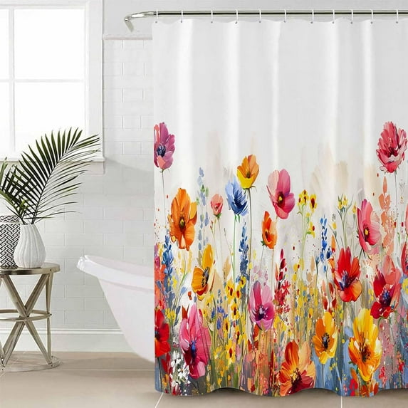 Spring Flowers Shower Curtain for Bathroom, Colorful Wildflower Floral Plant Shower Curtain Set, 3D Oil Printing Style Flowered Waterproof Polyester Bath Decor 36x72IN with 12 Hooks