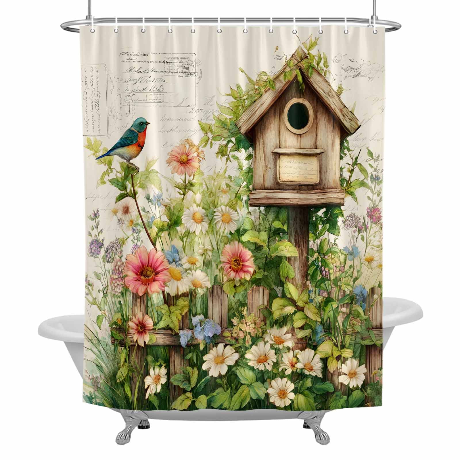 Spring Flowers Shower Curtain for Bathroom, Country Watercolor Bird House Fence White Floral Leaf Beige Waterproof Cloth Fabric Bathroom Accessories Set with 12 Rust Proof Plastic Hooks, 36"x78"