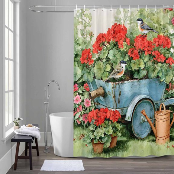 Spring Flowers Shower Curtain for Bathroom Decor, Vintage Blue Stroller Birds Red Floral Leaf Grass Waterproof Fabric Shower Curtain, 54"x78" Set with 12 Hooks