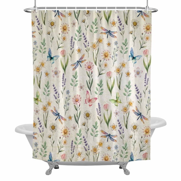 Spring Flowers Shower Curtain for Bathroom, Vintage Watercolor Pink White Floral Butterfly Dragonfly Beige Waterproof Cloth Fabric Bathroom Accessories Set with 12 Rust Proof Plastic Hooks, 36"x72"