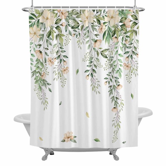 Spring Flowers Shower Curtain for Bathroom, Watercolor Beige Floral Falling Green Leaf Plant Waterproof Cloth Fabric Bathroom Accessories Set with 12 Rust Proof Plastic Hooks, 72"x72"