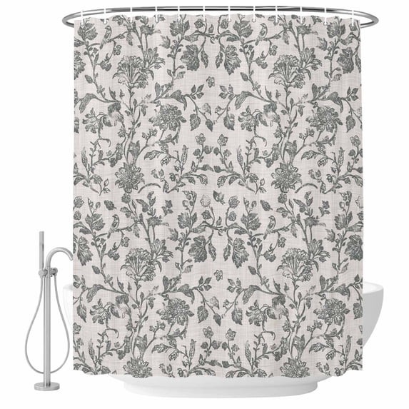 Spring Flowers Shower Curtain Set - Long 72" x 84" Washable Bathtub Curtain with 12 Hooks, Farmhouse Grey-blue Pastoral Floral Leaf Waterproof Fabric Stall Shower Curtains for Bathroom/Bathtub Décor