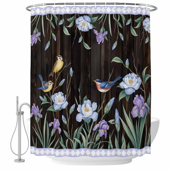 Spring Flowers Shower Curtain, Waterproof Shower Curtains for Bathroom, Blue Floral Leaves Birds Country Farm Wood Grain Washable Fabric Bathtub Curtain Set Bath Decor with 12 Hooks 72"x78"