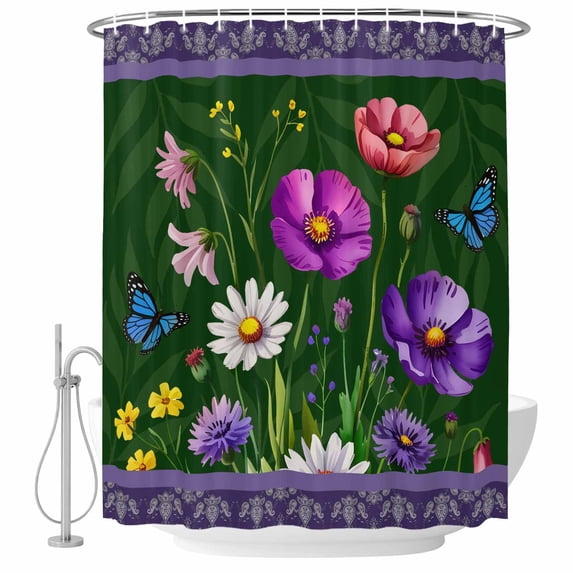 Spring Flowers Shower Curtain, Waterproof Shower Curtains for Bathroom, Boho Botanical Budding Garden Florals Washable Fabric Bathtub Curtain Set Bath Decor with 12 Hooks 48"x72"