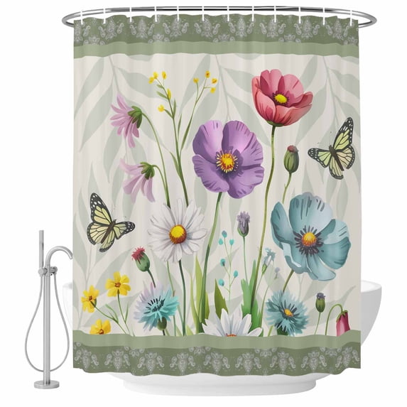 Spring Flowers Shower Curtain, Waterproof Shower Curtains for Bathroom, Retro Boho Botanical Florals Butterfly Washable Fabric Bathtub Curtain Set Bath Decor with 12 Hooks Long 72"x84"