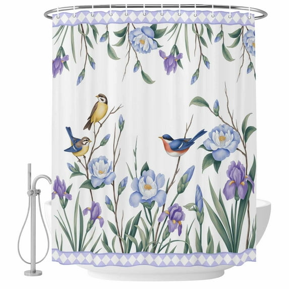 Spring Flowers Shower Curtain, Waterproof Shower Curtains for Bathroom, Vintage Blue Floral Leaves Birds Rustic Plants Washable Fabric Bathtub Curtain Set Bath Decor with 12 Hooks Standard 72"x72"