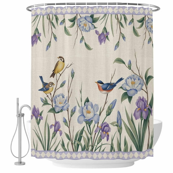 Spring Flowers Shower Curtain, Waterproof Shower Curtains for Bathroom, Vintage Floral Leaves Birds Farmhouse Plaid Washable Fabric Bathtub Curtain Set Bath Decor with 12 Hooks Standard 72"x72"