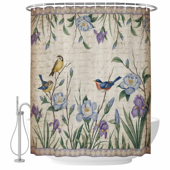 Spring Flowers Shower Curtain, Waterproof Shower Curtains for Bathroom, Vintage Floral Leaves Birds Pastoral Botanical Washable Fabric Bathtub Curtain Set Bath Decor with 12 Hooks Long 72"x84"