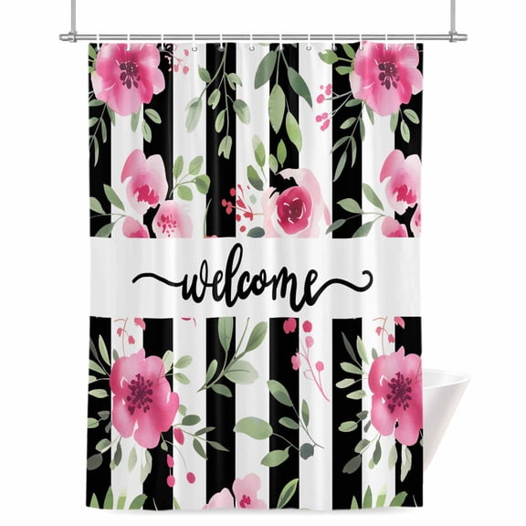 Spring Flowers Shower Curtain, Welcome Pink Floral Green Leaf Plack Stripes Waterproof Shower Curtain Set with 12 Hooks Lightweight Bath Curtains Fabric Bathroom Decor 72x72 Inches