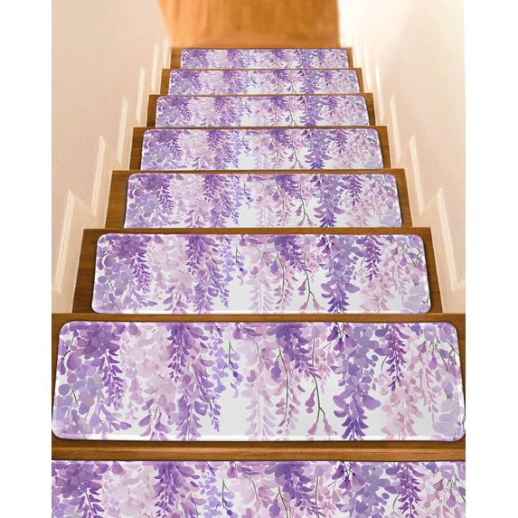 Spring Flowers Stair Treads for Wooden Steps Indoor Runner Rug Carpet, Purple Lavender Floral Modern Pastoral 15 Pieces Peel and Stick Staircase Step Treads Covers Washable Throw Door Mats, 30"x8"