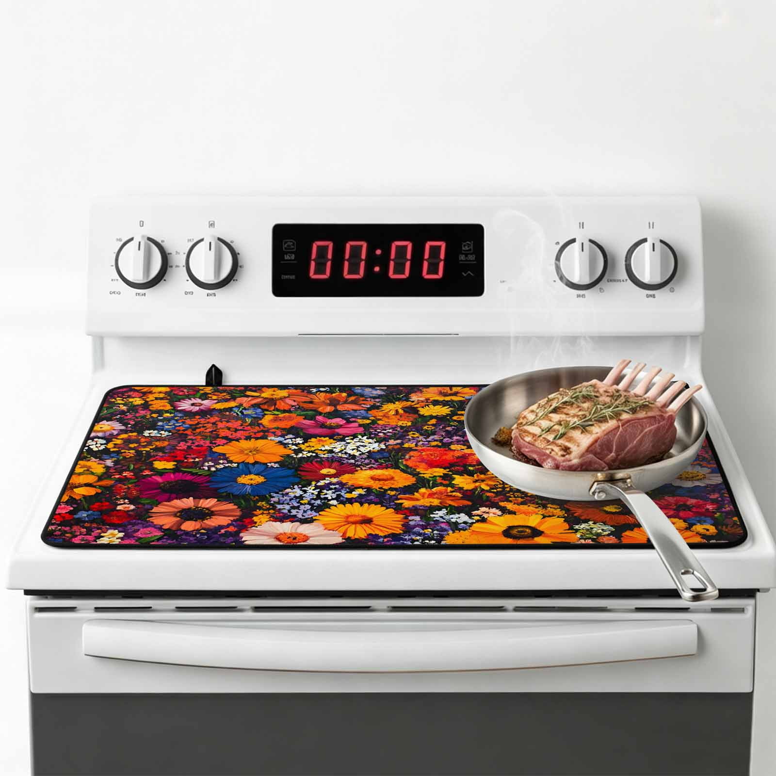 Spring Flowers Stove Top Cover for Electric Stove, Heat-proof & Non Slip Glass Top Stove Cover Protector, Daisy Yellow Blue Flower Retro Painting Kitchen Flat Cooktop Rubber Mat 24x21 Inches