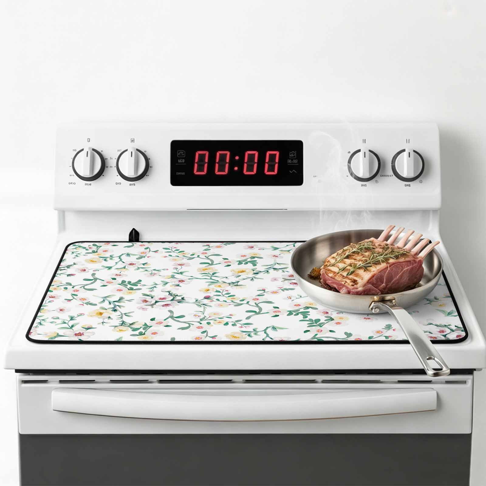 Spring Flowers Stove Top Cover for Electric Stove, Heat-proof & Non Slip Glass Top Stove Cover Protector, Yellow Pink Floral Leaves Country Farm Plants Kitchen Flat Cooktop Rubber Mat 24x21 Inches
