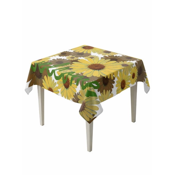 Spring Flowers Suqare Tablecloth - 60 x 60 Inch, Farmhouse Botanical Brown Yellow Daisy Waterproof & StainResistant Tablecloth, Washable Oil-proof Table Cover for Dining/Party/Wedding/Camping/Buffet