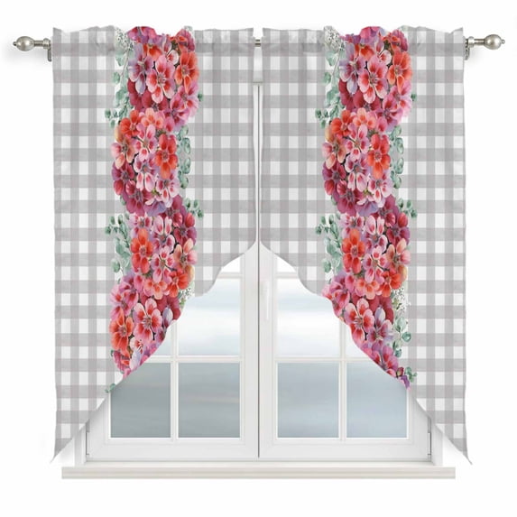 Spring Flowers Swag Curtains for Kitchen/Bedroom/Living Room, Botanical Floral Eucalyptus Leaves Grey Plaid Scalloped Curtains 63 Inch Long, Window Swag Topper Curtains Valances 2 Panels Set 36"x63"