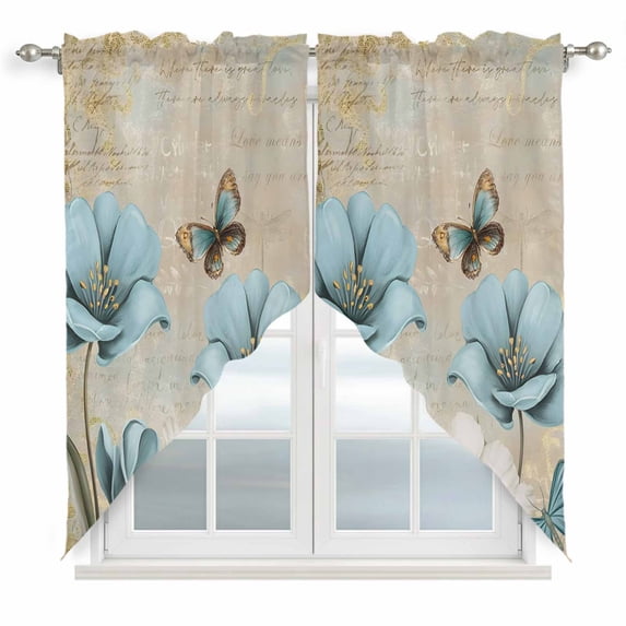 Spring Flowers Swag Curtains for Kitchen/Bedroom/Living Room, Vintage Rustic Tulips Floral Butterfly Khaki Scalloped Curtains 63 Inch Long, Window Swag Topper Curtains Valances 2 Panels Set 36"x63"