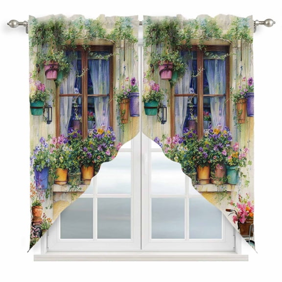 Spring Flowers Swag Curtains for Living Room/Bedroom, Botanical Windows Floral Pots Bicycle Swag Kitchen Curtain Valances for Windows, Tier Topper Scalloped Curtain 2 Panels, 72"W x 36"L