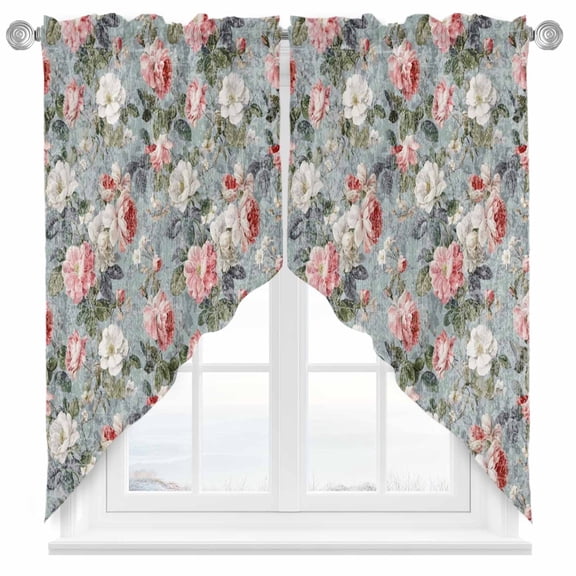 Spring Flowers Swag Kitchen Curtain Valances, Country Red White Camellia Floral Green Leaf Blue Rod Pocket Curtains Window Treatment Decor Valances for Bedroom Bathroom, 2 Panels 36 x 45 Inch