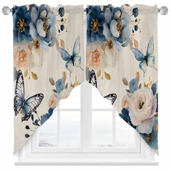 Spring Flowers Swag Kitchen Curtain Valances, Country White Blue Floral Butterfly Linen Texture Rod Pocket Curtains Window Treatment Decor Valances for Bedroom Bathroom, 2 Panels 36 x 45 Inch