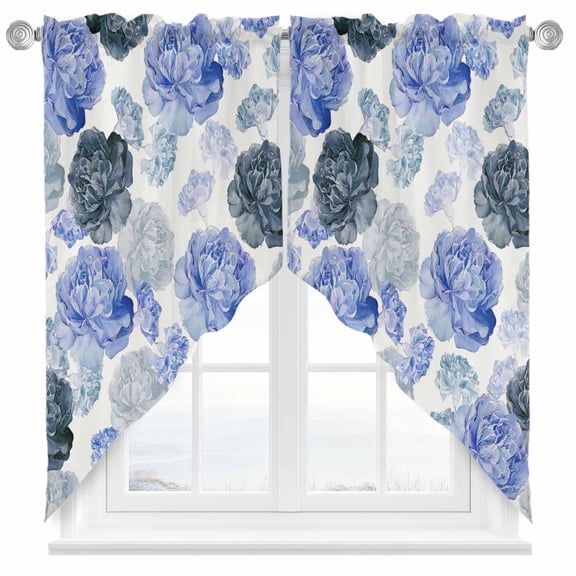 Spring Flowers Swag Kitchen Curtain Valances, Watercolor Blue Black Grey Flowers Plant Rod Pocket Curtains Window Treatment Decor Valances for Bedroom Bathroom, 2 Panels 36 x 45 Inch