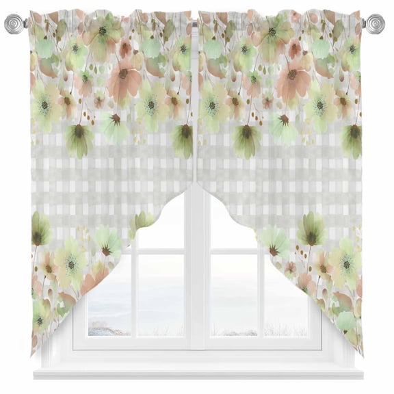 Spring Flowers Swag Kitchen Curtain Valances, Watercolor Light Green Red Floral Leaf Plant Grey Plaid Rod Pocket Curtains Window Treatment Decor Valances for Bedroom Bathroom, 2 Panels 28 x 36 Inch