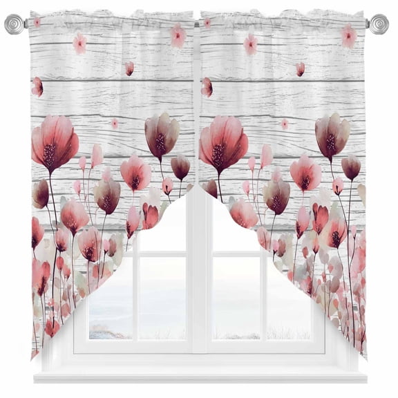 Spring Flowers Swag Kitchen Curtain Valances, Watercolor Red Pink Floral Leaf Plant White Wood Grain Rod Pocket Curtains Window Treatment Decor Valances for Bedroom Bathroom, 2 Panels 28 x 36 Inch