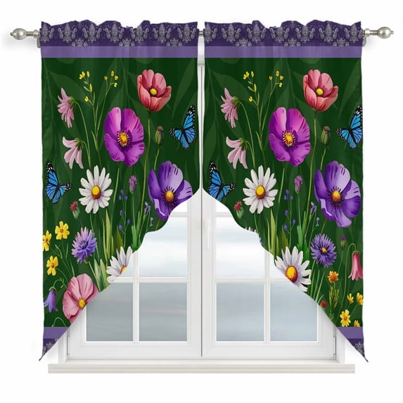 Spring Flowers Swag Valances for Windows, Kitchen Curtains 36 Inch Length 2 Panels Set, Boho Botanical Budding Garden Florals Short Curtains for Small Windows Rod Pocket Cafe Curtains Drapes 28"x36"