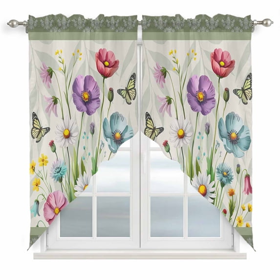 Spring Flowers Swag Valances for Windows, Kitchen Window Curtains Over Sink, Retro Boho Botanical Florals Butterfly Window Treatment Curtains for Living Room/Bedroom Curtains 2 Panel Sets 36"x45"