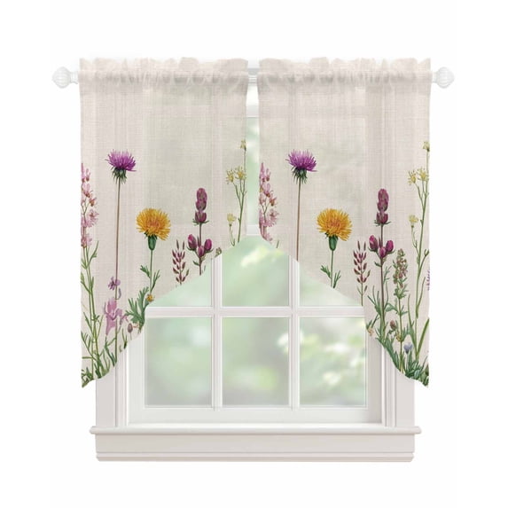 Spring Flowers Swag Valances for Windows, Wild Floral Herb Botanical Rod Pocket Sheer Valances for Large Windows, Swag Toppers Light Filtering for Kitchen Living Room 2 Panels 36''x45''