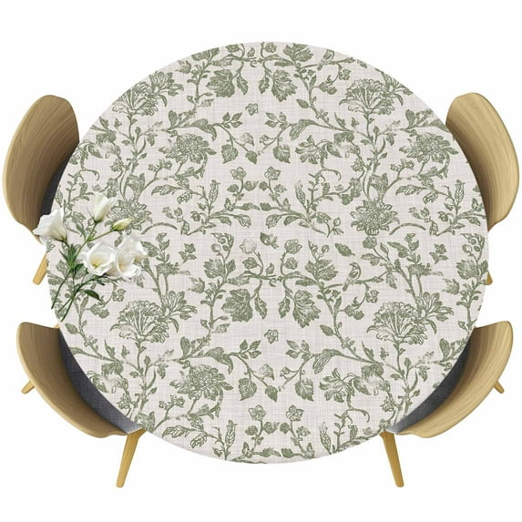 Spring Flowers Table Cloth, Round Fitted Tablecloths with Elastic Edge, Farmhouse Sage Green Pastoral Floral Leaf Wipeable Waterproof Table Cover for Kitchen Wedding 55-60 Inches