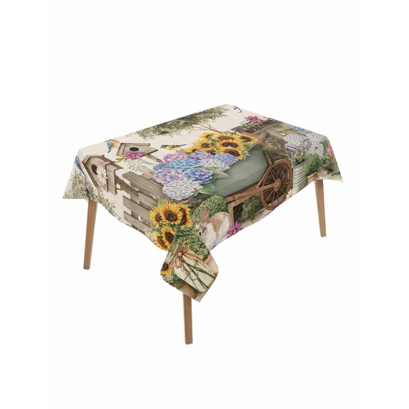 Spring Flowers Table Cloth, Waterproof Tablecloth for Rectangle Tables, Farmhouse Hydrangea Sunflowers Bunny on Linen Reusable Washable Fabric Table Cover for Restaurant Kitchen Dining 60"x102"
