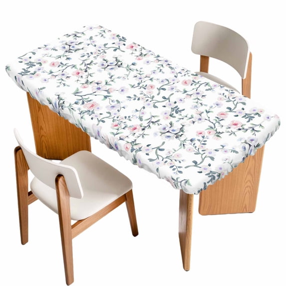 Spring Flowers Table Cloths for 3 Foot Rectangle Tables, Blue Pink Floral Leaves Pastoral Botanical Patio Waterproof Elastic Fitted Tablecloths, Washable Rectangular Table Cover for Camping