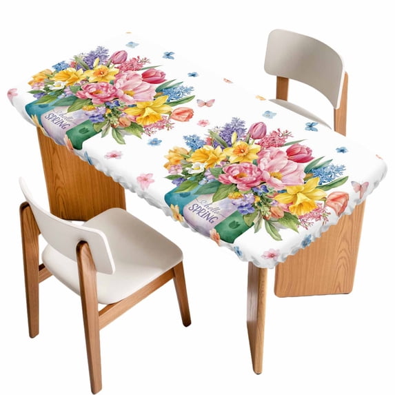 Spring Flowers Table Cloths for 3 Foot Rectangle Tables, Watercolor Floral Leaves Butterflies Plant Patio Waterproof Elastic Fitted Tablecloths, Washable Rectangular Table Cover for Camping