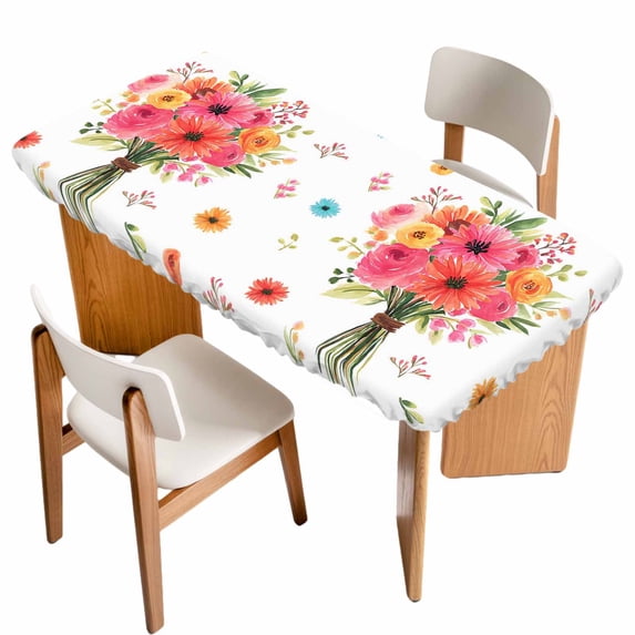 Spring Flowers Table Cloths for 4 Foot Rectangle Tables, Pastoral Daisy Leaves Rustic Botanical Patio Waterproof Elastic Fitted Tablecloths, Washable Rectangular Table Cover for Camping